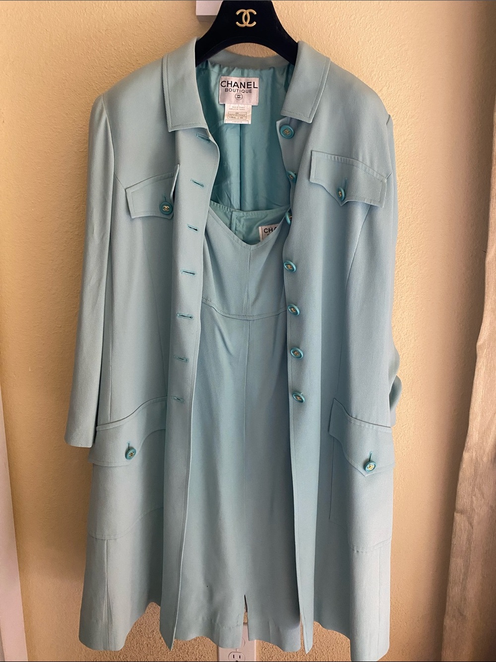 CHANEL Light Aqua Trench Coat and Dress Set and CHANEL Hanger